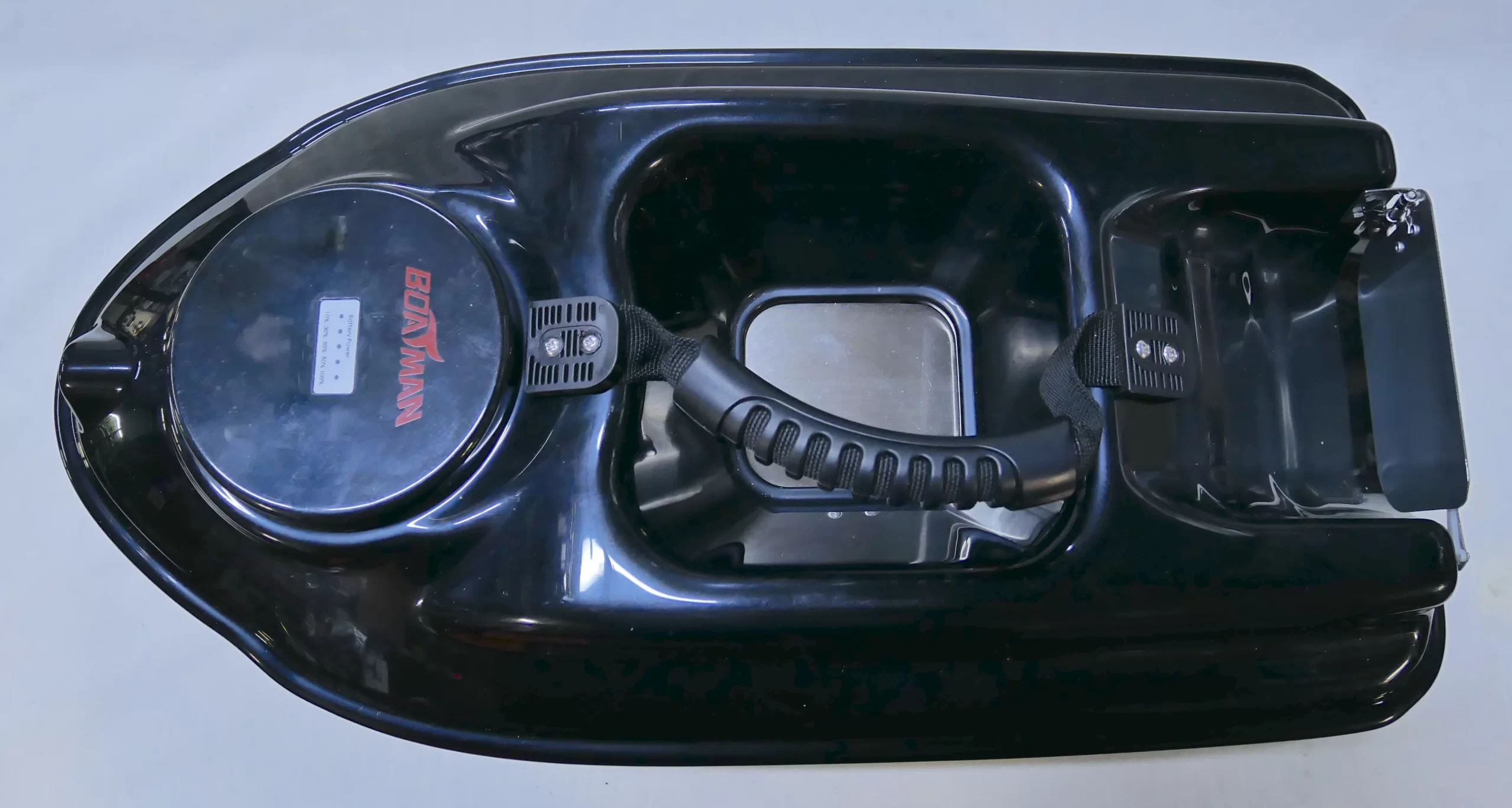 Boatman Actor bait boat from above showing the battery cover, centre hopper and rear hopper