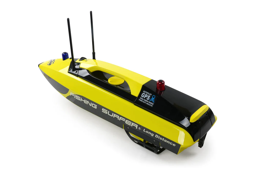 Yellow Joysway Fishing Surfer bait boat with fish finder side view