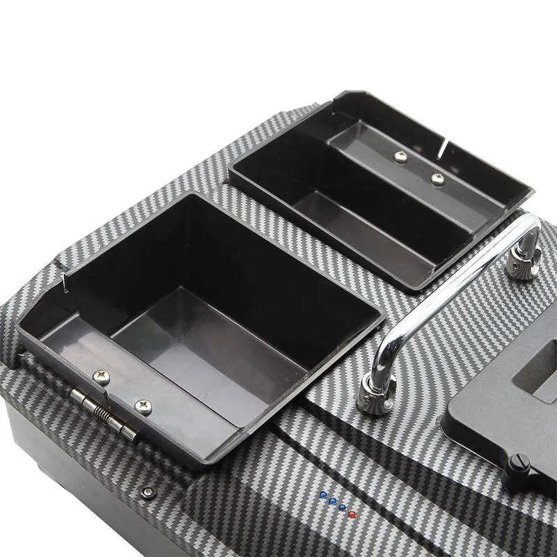 Close-up of the Manuowell D007's two hinged side-opening bait hoppers